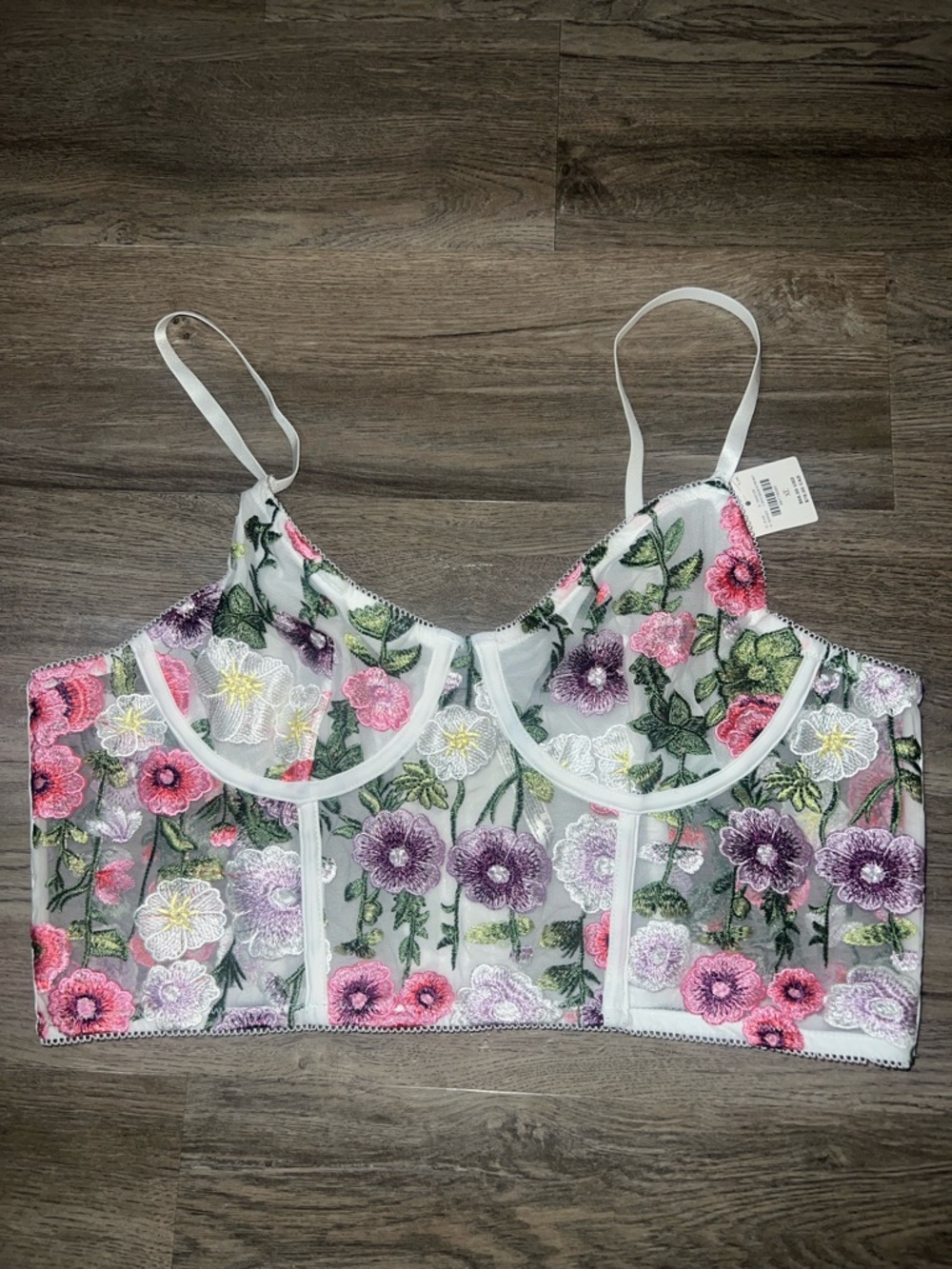 Anthropologie Sheer Bralette with Pink Floral Embroidery nwt xl - Picture 2 of 3